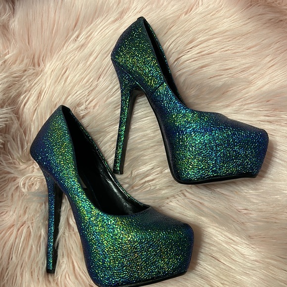 RARE!! Steve Madden DEJAVU MERMAID Metallic Blue Green Platform Heels Festival - Picture 2 of 6